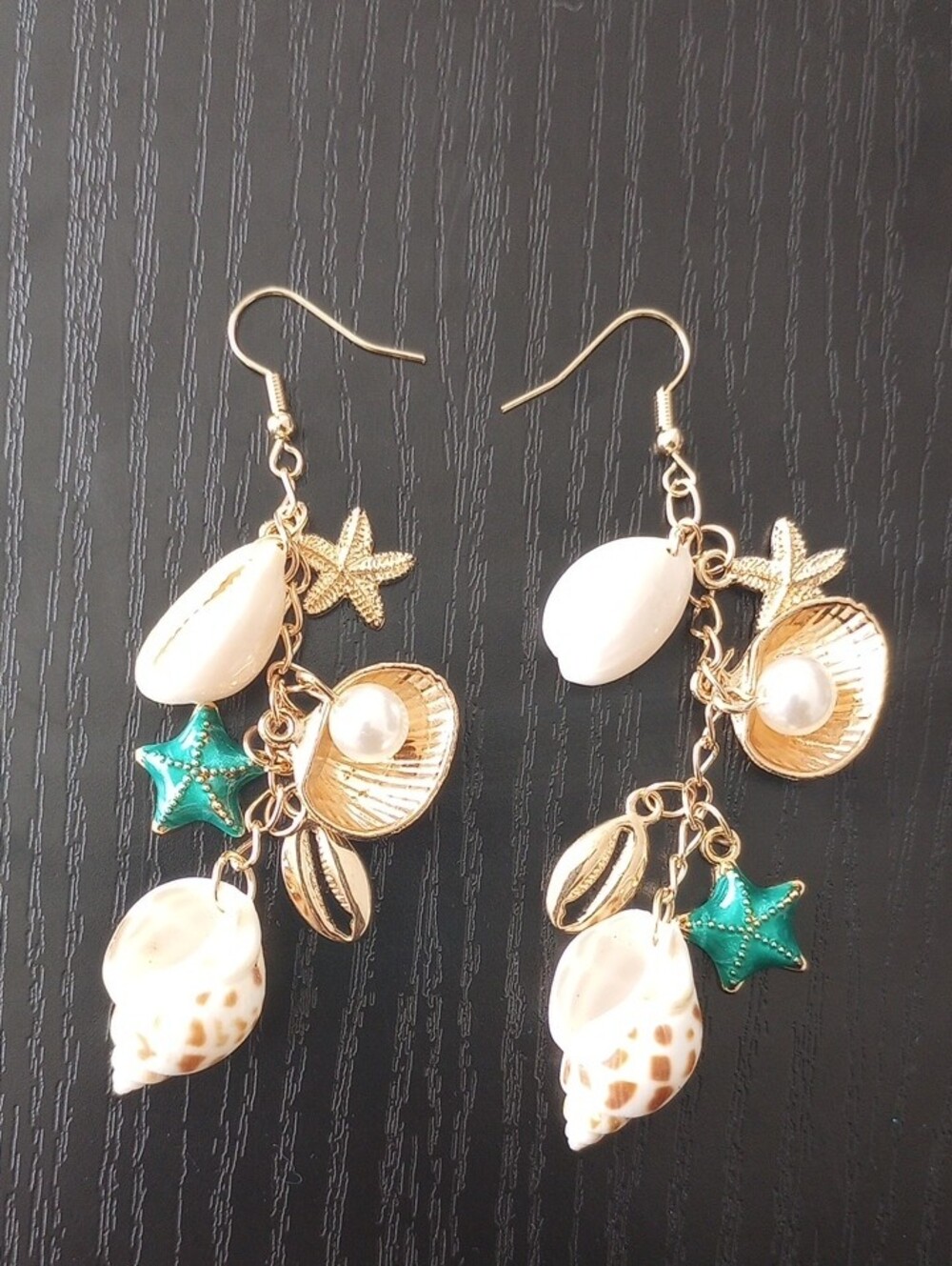 Goldtone Teal Starfish Cowries Seashell Conch Shells Dangle Earring Summer Beach